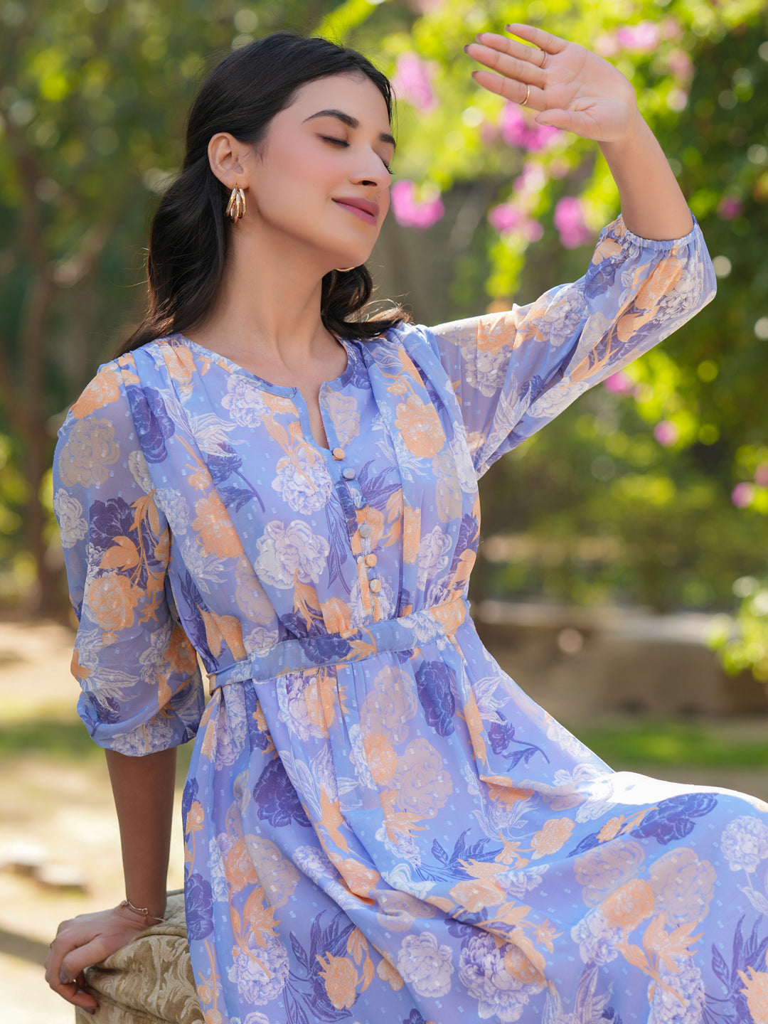 Lavender Georgette Floral Printed A-Line Dress - qivii