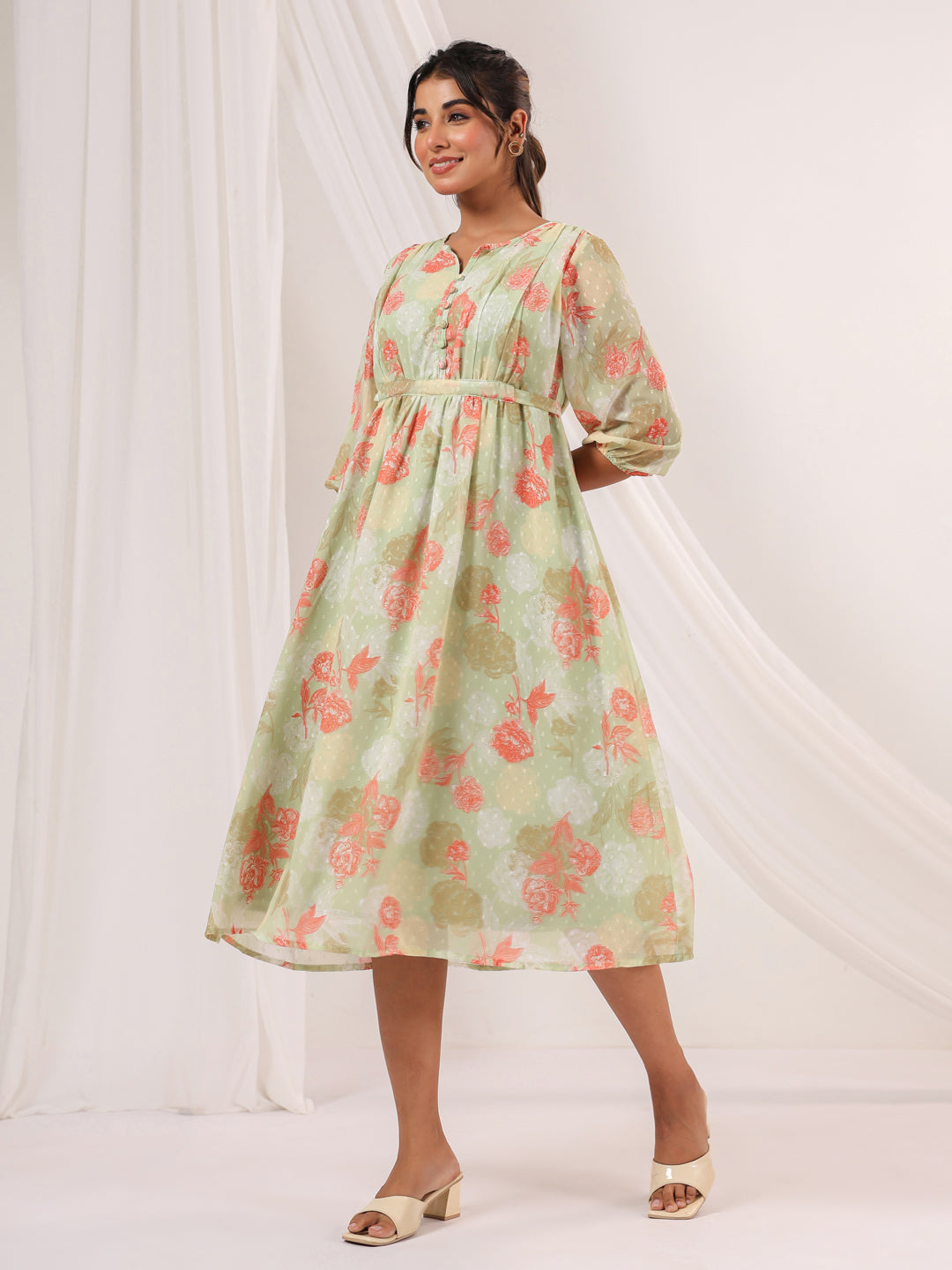 Janasya Women's Light Green Georgette Floral Printed A-line Dress - qivii