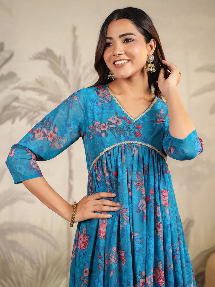 Blue Georgette Floral Printed A-Line Kurta Set  - By Janasya