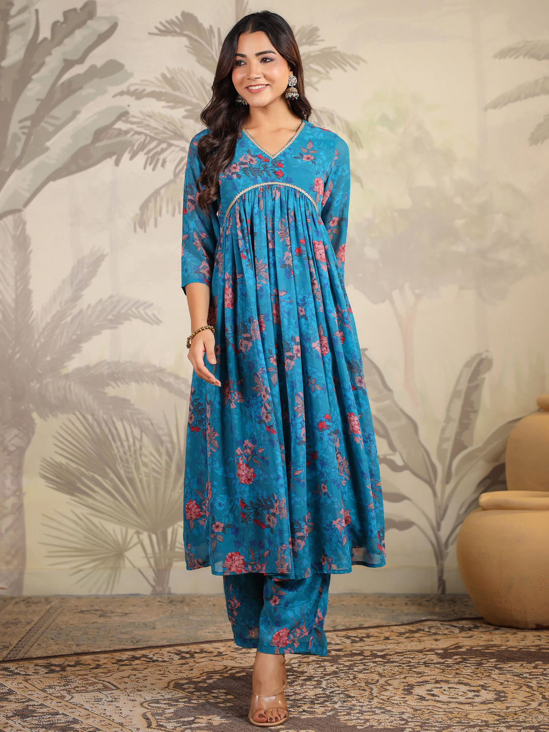 Blue Georgette Floral Printed A-Line Kurta Set  - By Janasya