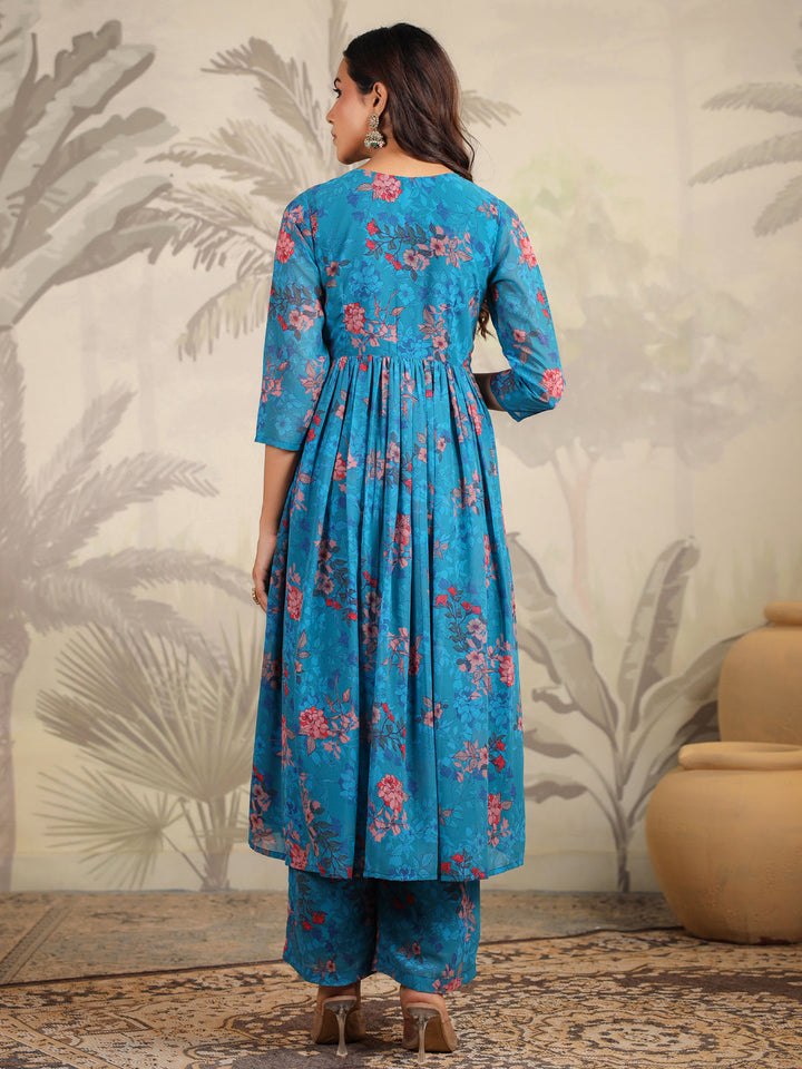 Blue Georgette Floral Printed A-Line Kurta Set  - By Janasya