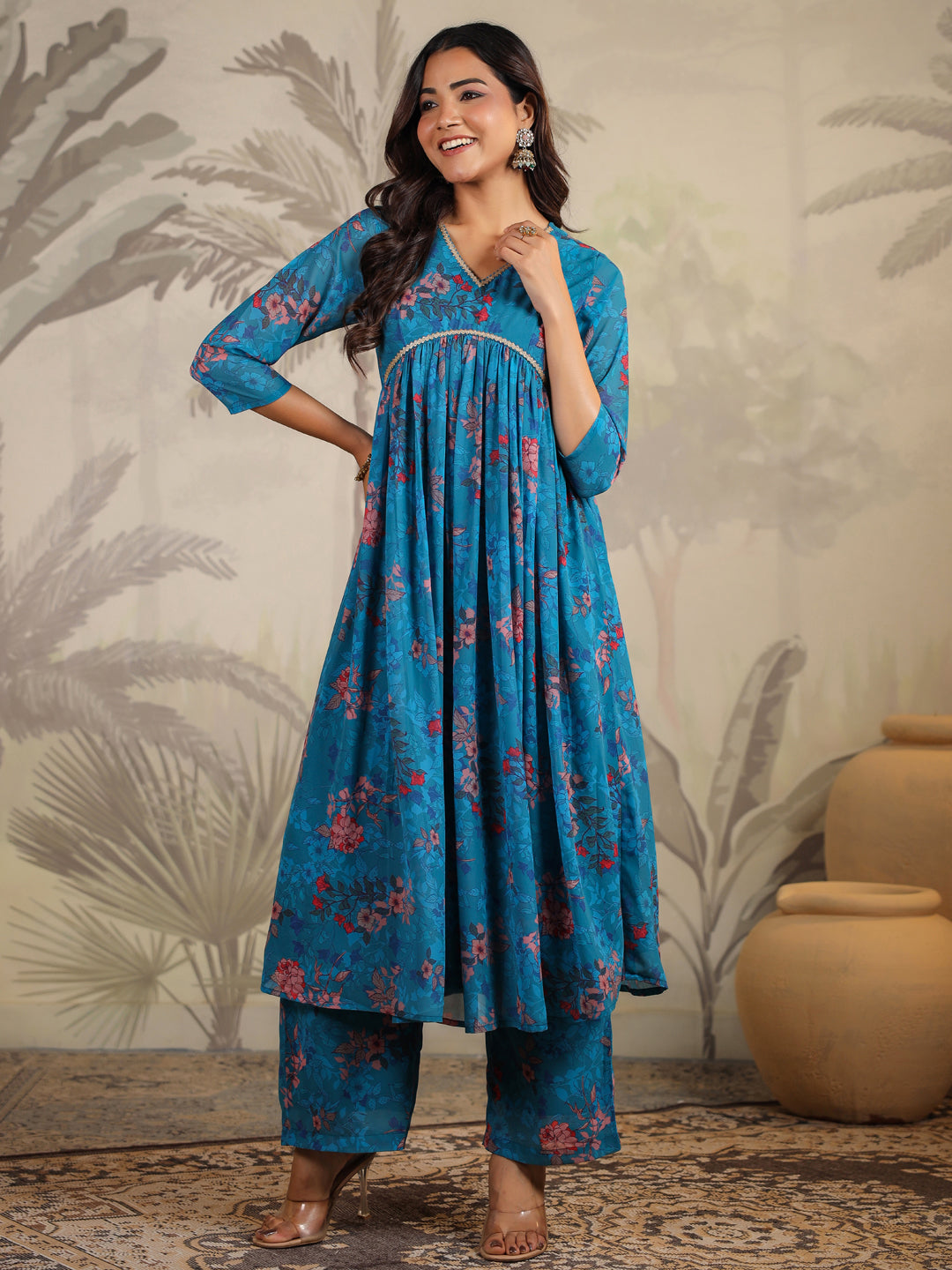 Blue Georgette Floral Printed A-Line Kurta Set  - By Janasya