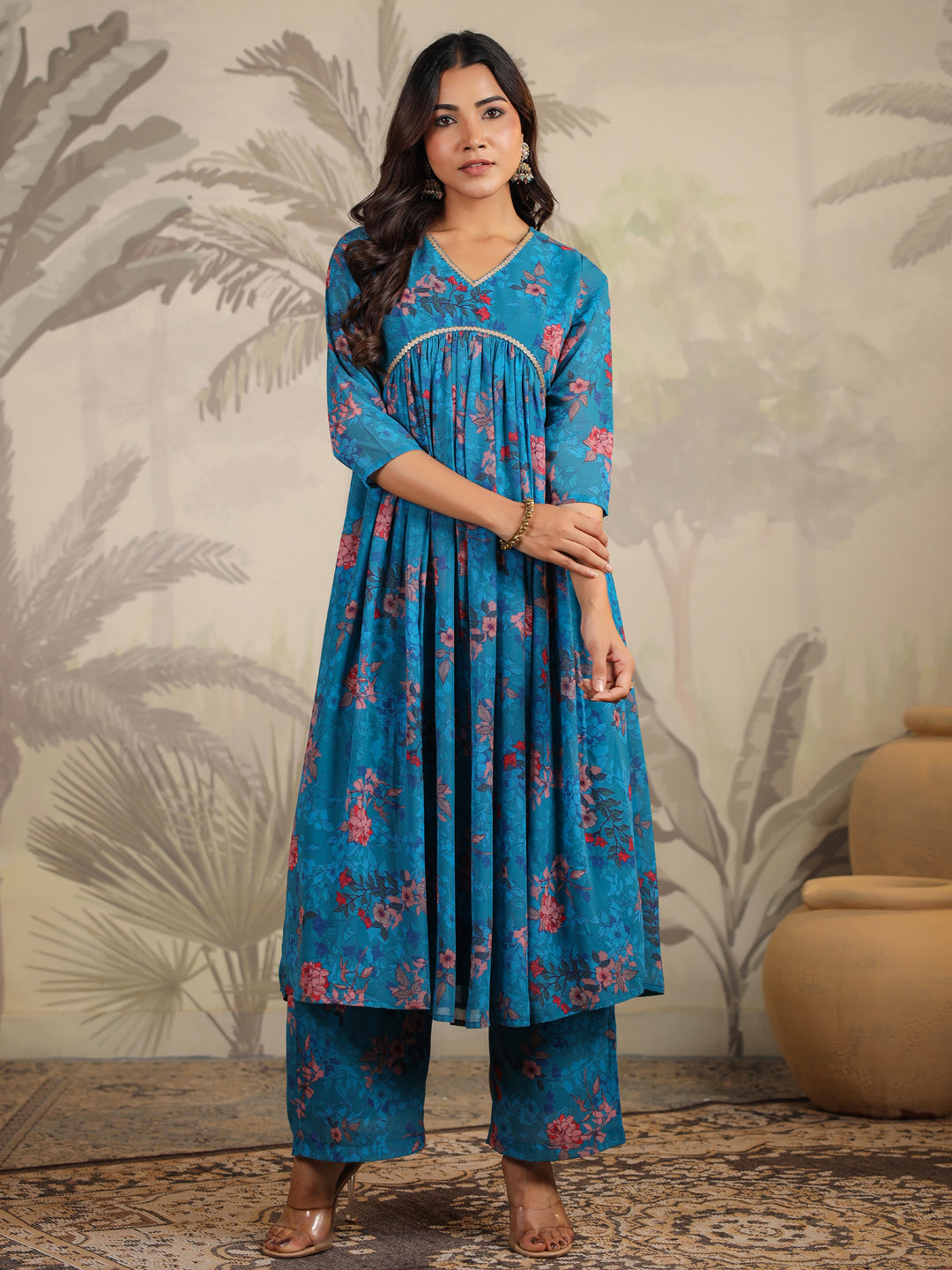 Blue Georgette Floral Printed A-Line Kurta Set  - By Janasya