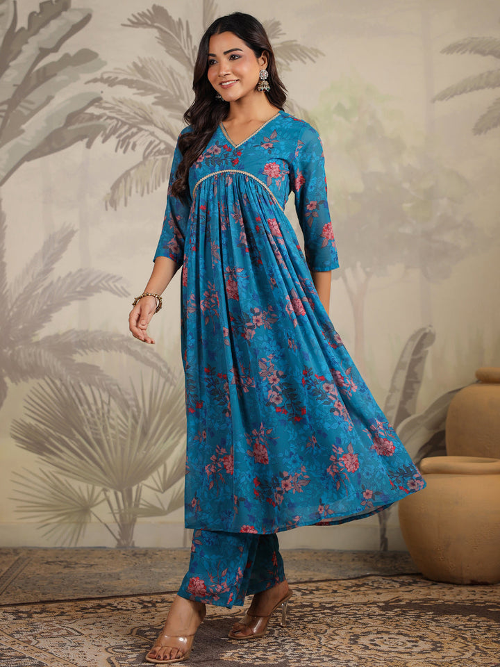 Blue Georgette Floral Printed A-Line Kurta Set  - By Janasya