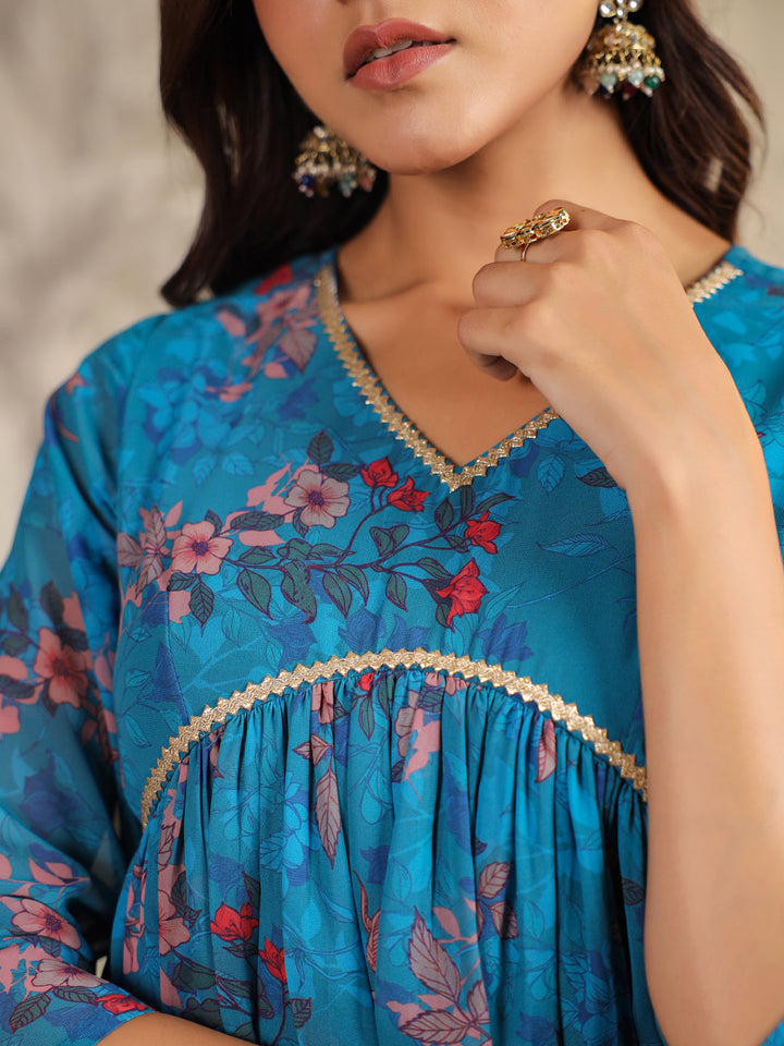 Blue Georgette Floral Printed A-Line Kurta Set  - By Janasya