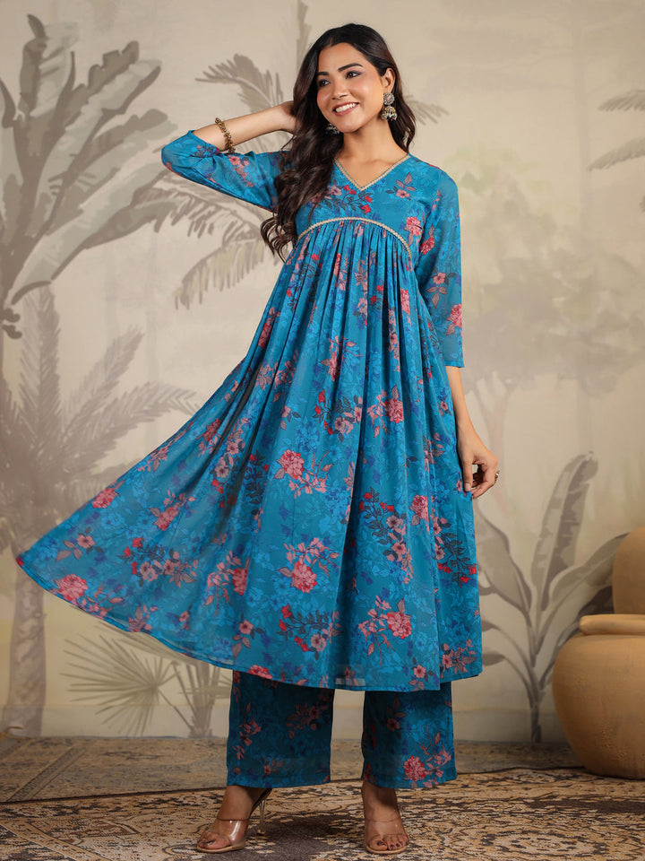 Blue Georgette Floral Printed A-Line Kurta Set  - By Janasya