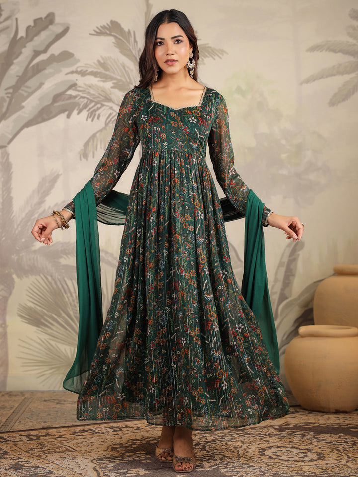 Dark Green Chiffon Floral Printed Anarkali Kurta with Dupatta Set  - By Janasya