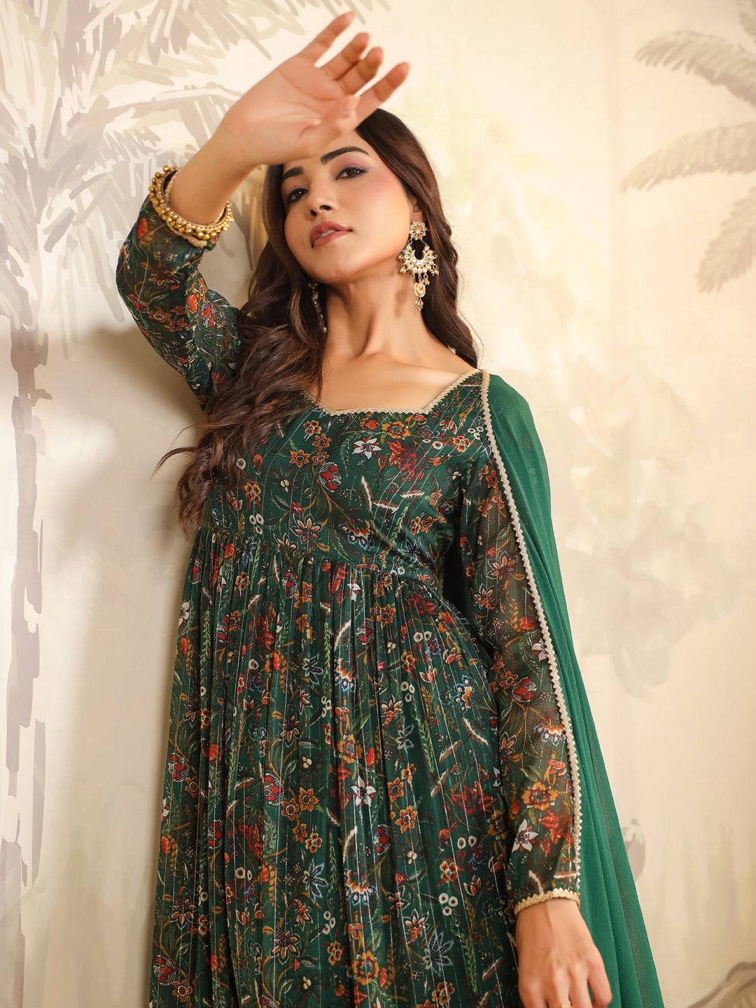 Dark Green Chiffon Floral Printed Anarkali Kurta with Dupatta Set  - By Janasya