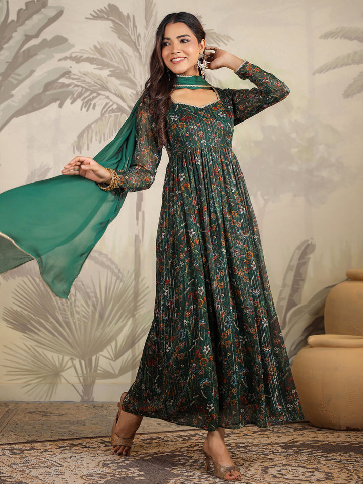 Dark Green Chiffon Floral Printed Anarkali Kurta with Dupatta Set  - By Janasya