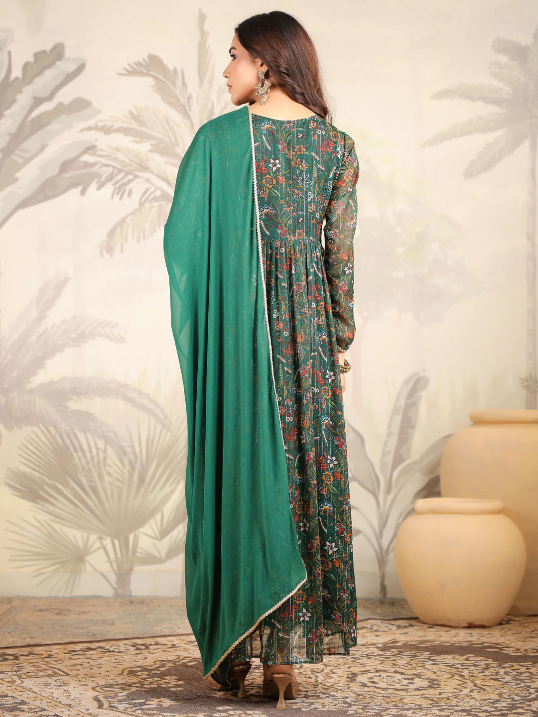 Dark Green Chiffon Floral Printed Anarkali Kurta with Dupatta Set  - By Janasya