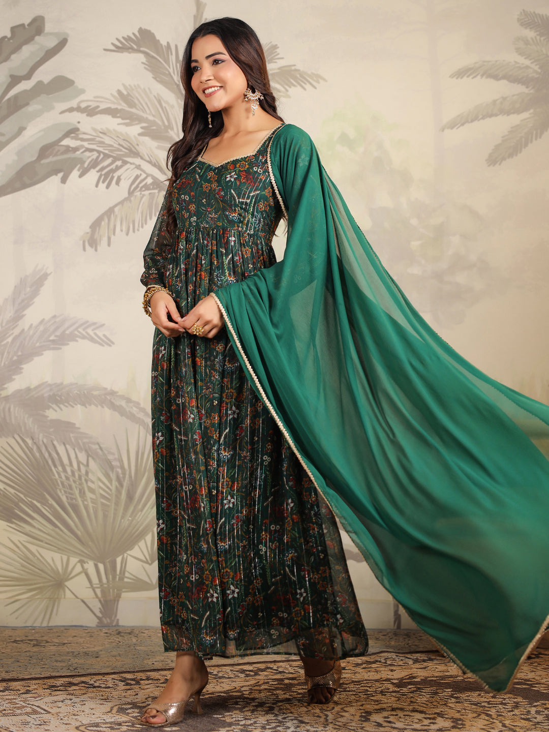 Dark Green Chiffon Floral Printed Anarkali Kurta with Dupatta Set  - By Janasya