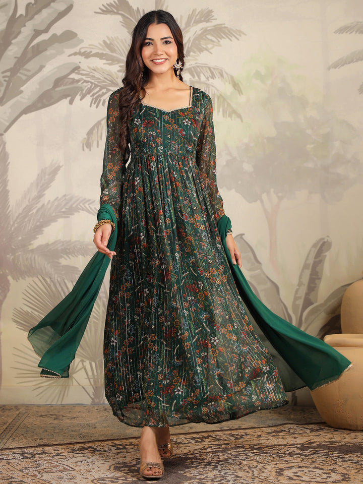 Dark Green Chiffon Floral Printed Anarkali Kurta with Dupatta Set  - By Janasya