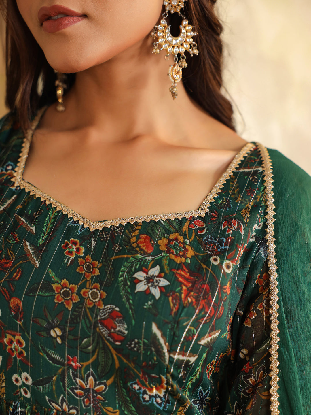 Dark Green Chiffon Floral Printed Anarkali Kurta with Dupatta Set  - By Janasya