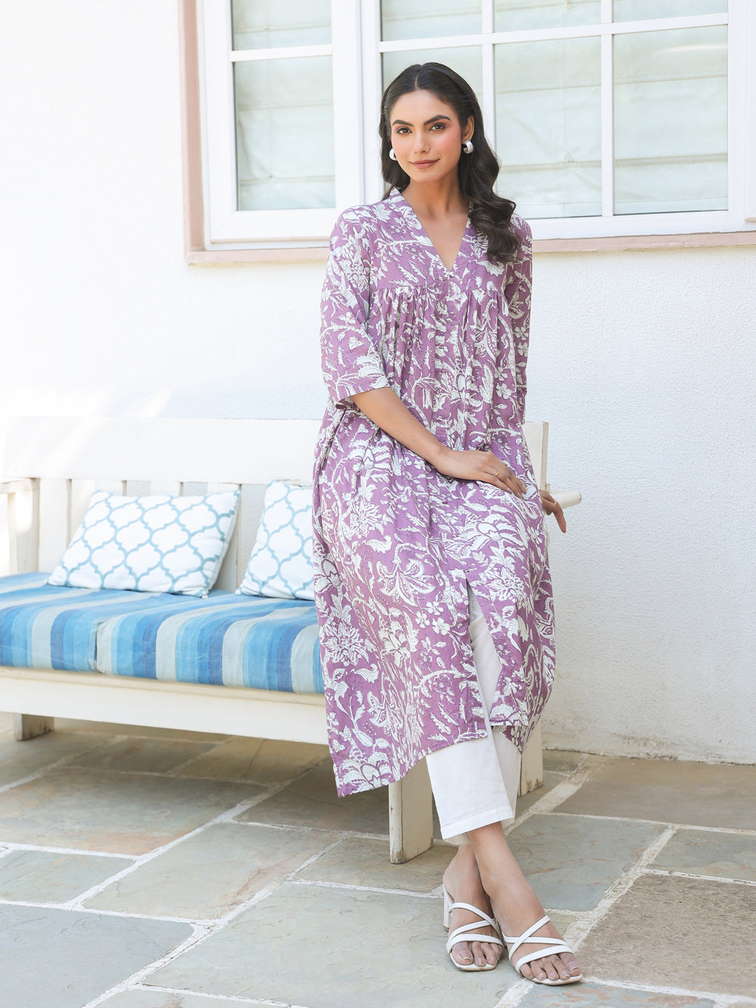 Purple Pure Cotton Floral Printed Flared Kurta - qivii