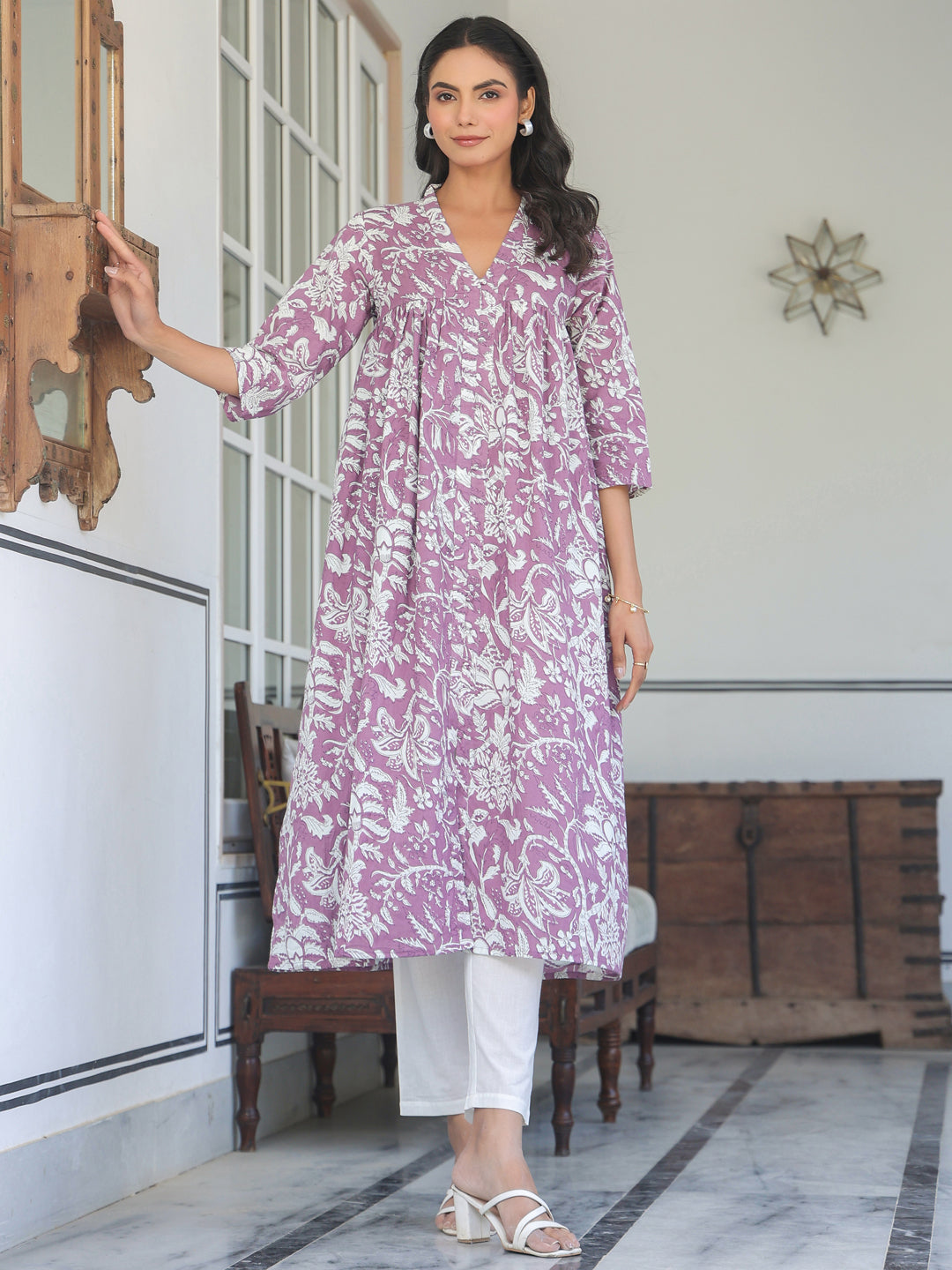 Purple Pure Cotton Floral Printed Flared Kurta - qivii