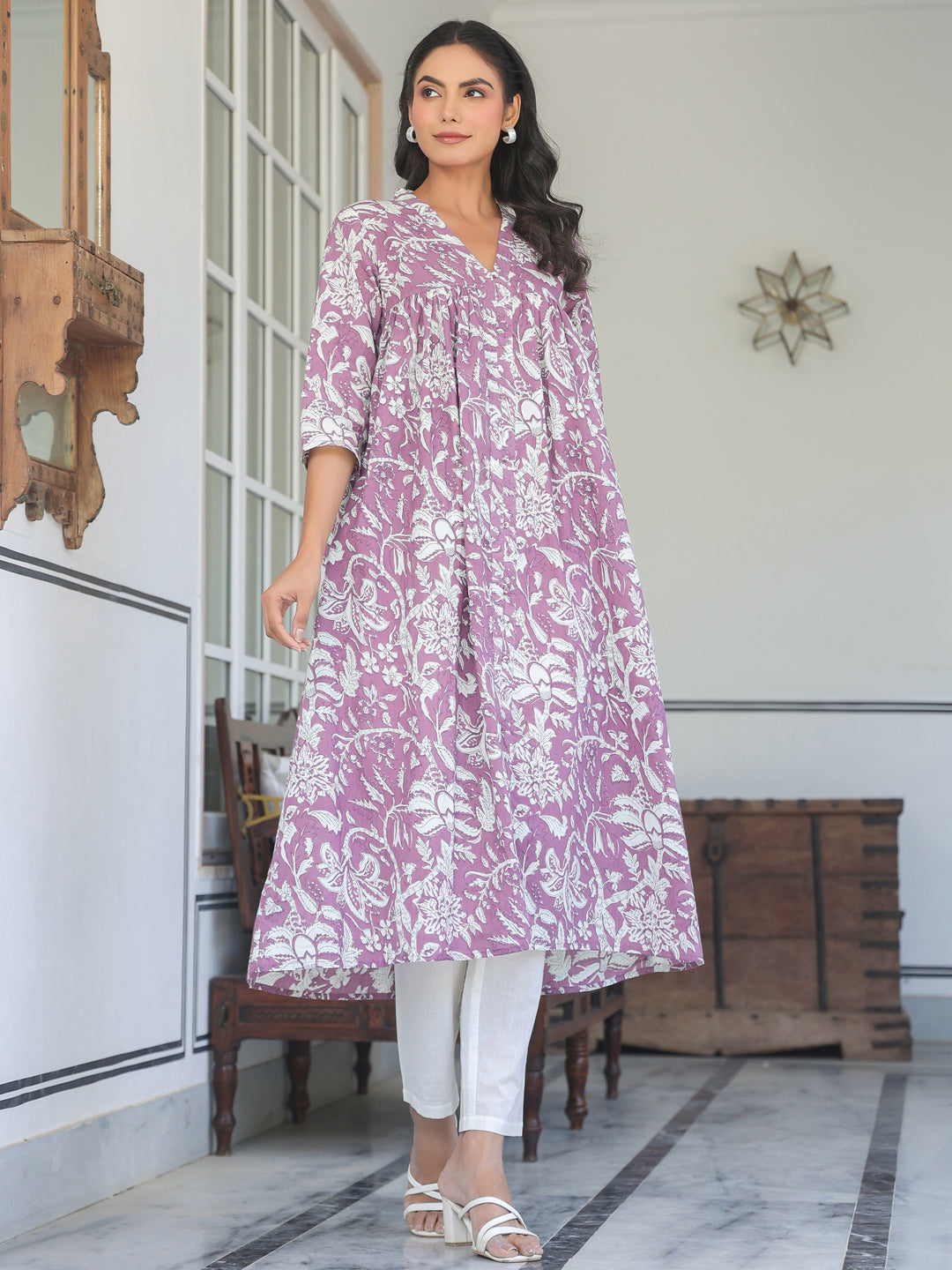 Purple Pure Cotton Floral Printed Flared Kurta - qivii