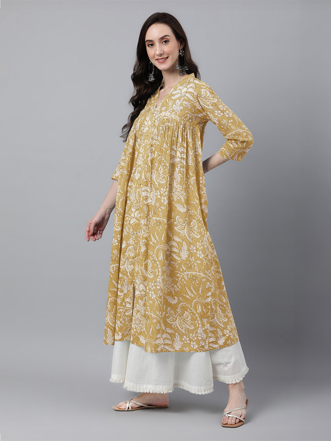 Mustard Pure Cotton Floral Printed Flared Kurta - qivii