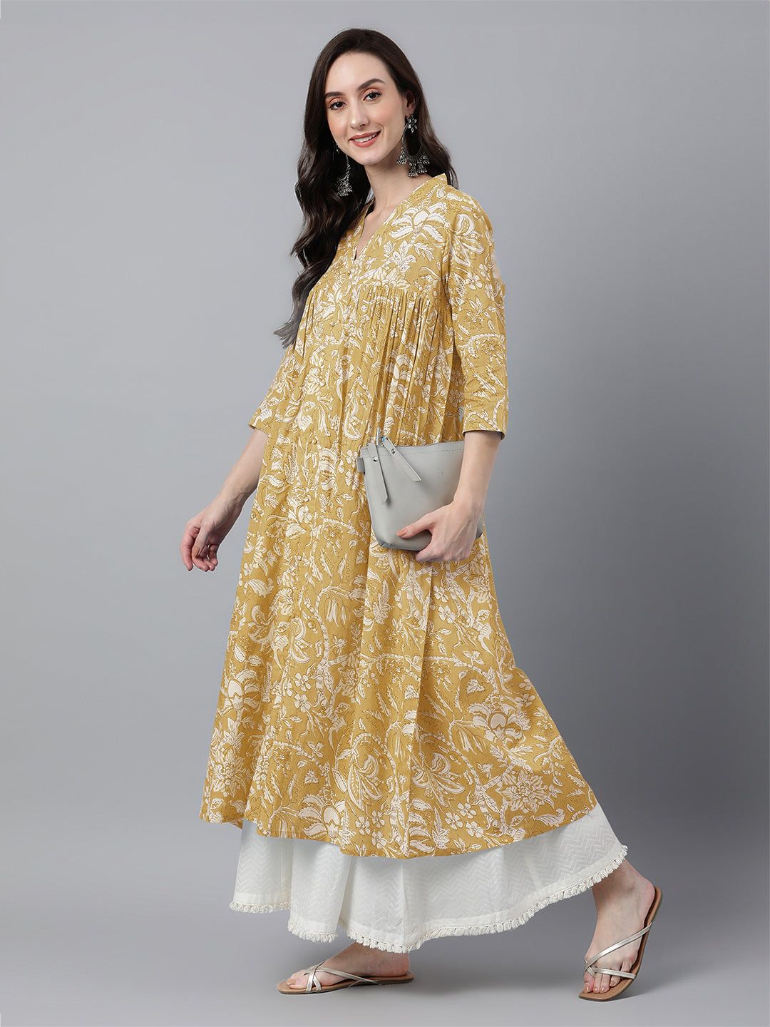Mustard Pure Cotton Floral Printed Flared Kurta - qivii