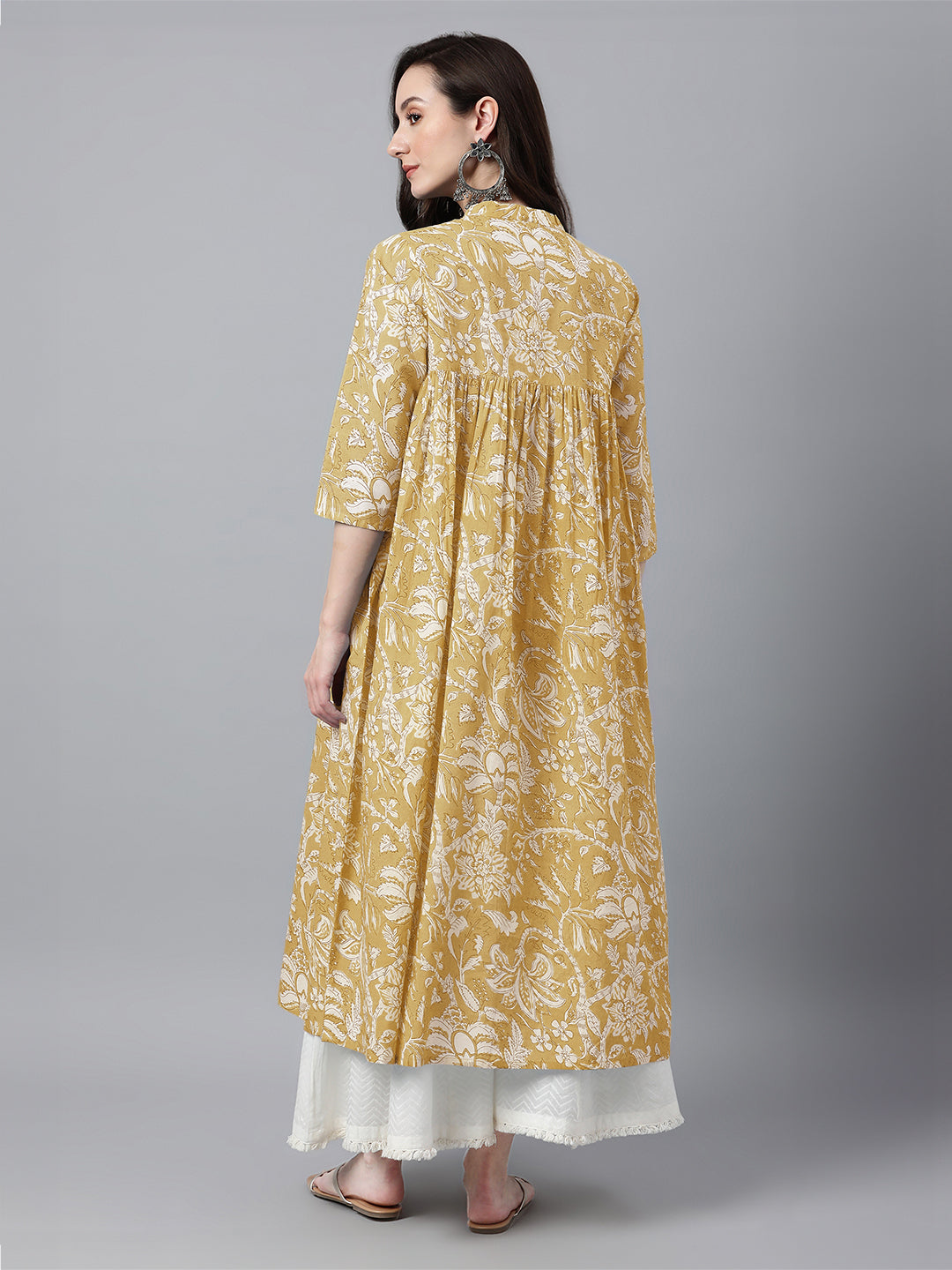 Mustard Pure Cotton Floral Printed Flared Kurta - qivii