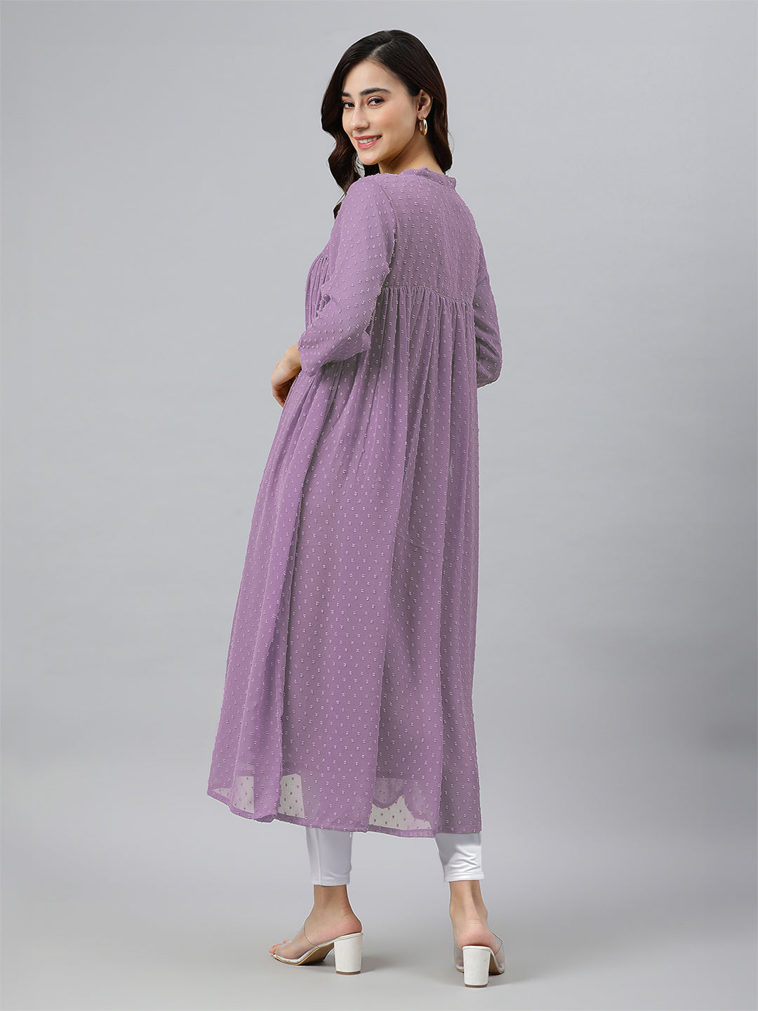 Lavender Dobby Chiffon Woven Design Front Slit Flared Kurta - qivii