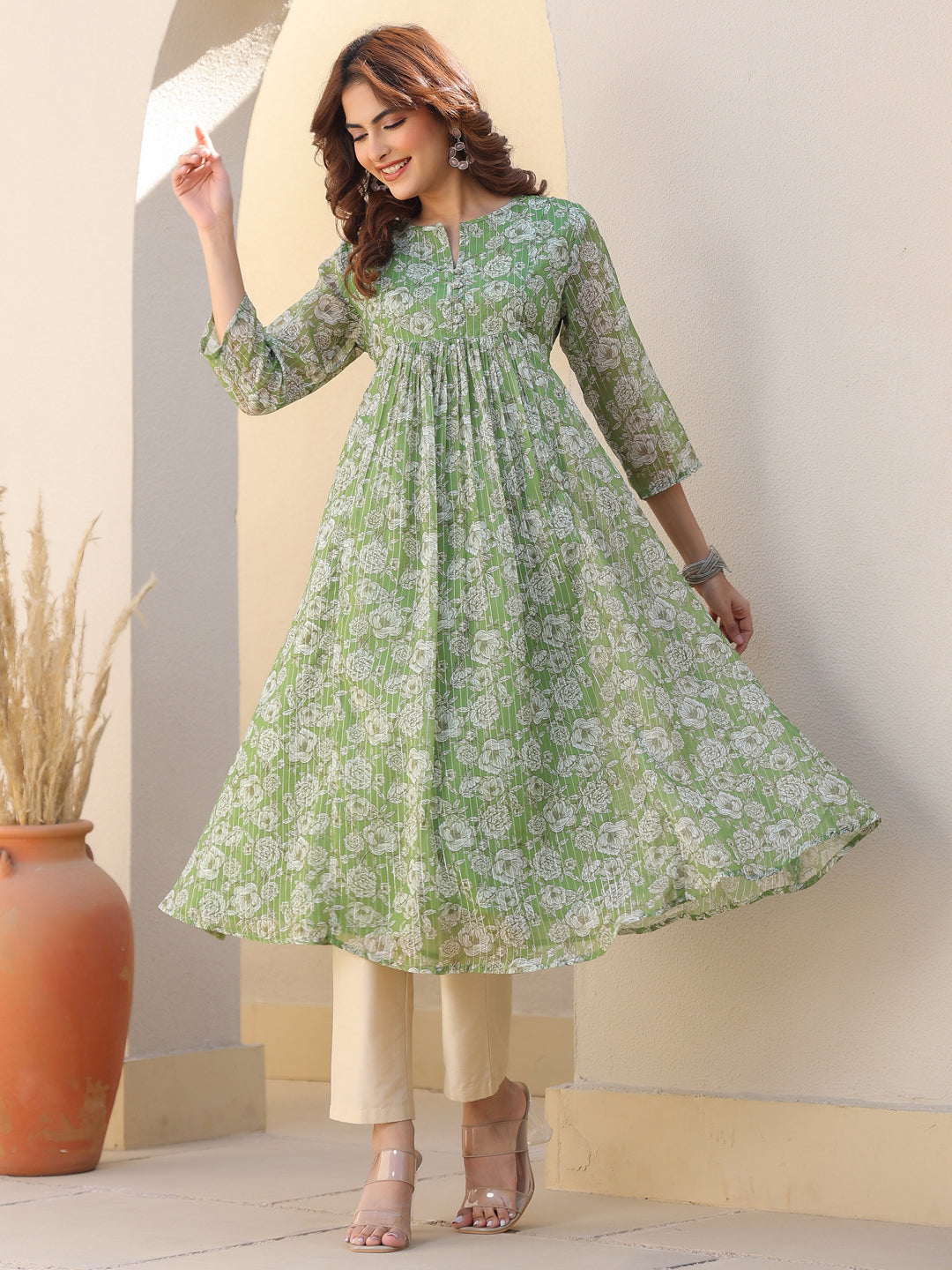 Janasya Women's Green Chiffon Lurex Floral Printed A-line Kurta - qivii