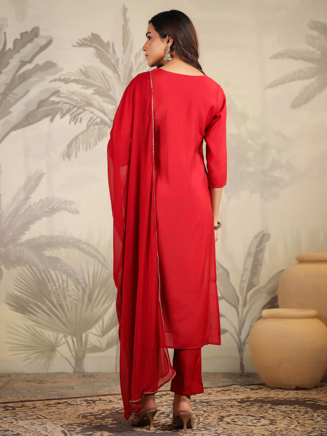 Maroon Chanderi Silk Embroidered Straight Kurta Set - qivii