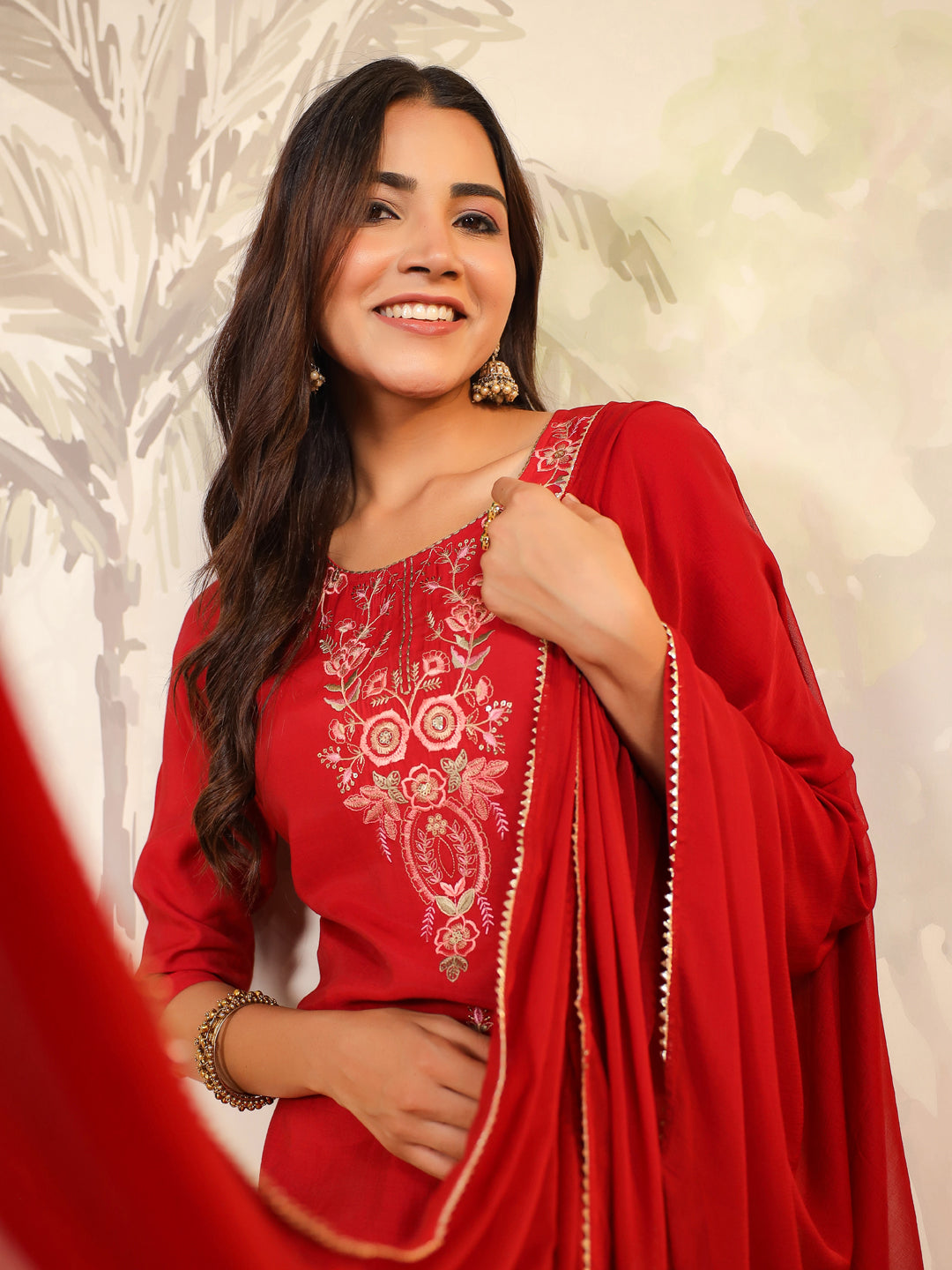 Maroon Chanderi Silk Embroidered Straight Kurta Set - qivii