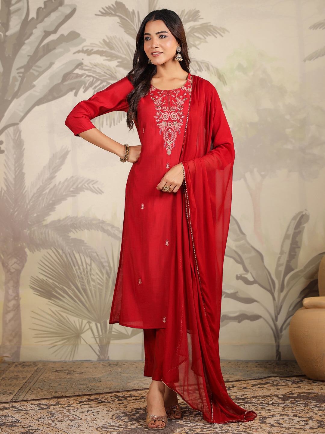 Maroon Chanderi Silk Embroidered Straight Kurta Set - qivii