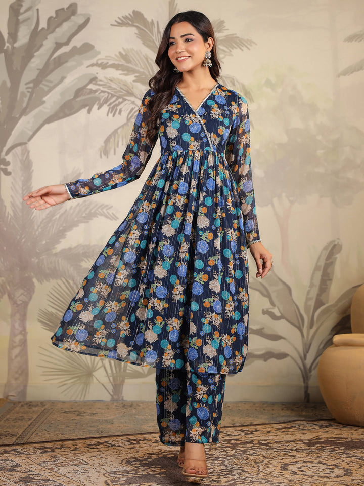 Dark Blue Georgette Floral Printed Flared Kurta Set  - By Janasya