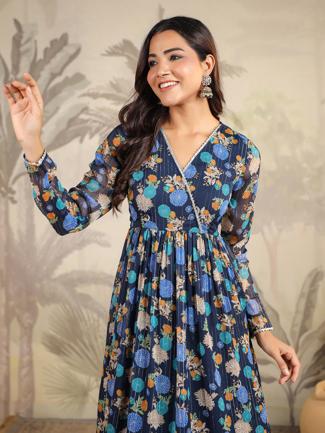 Dark Blue Georgette Floral Printed Flared Kurta Set  - By Janasya