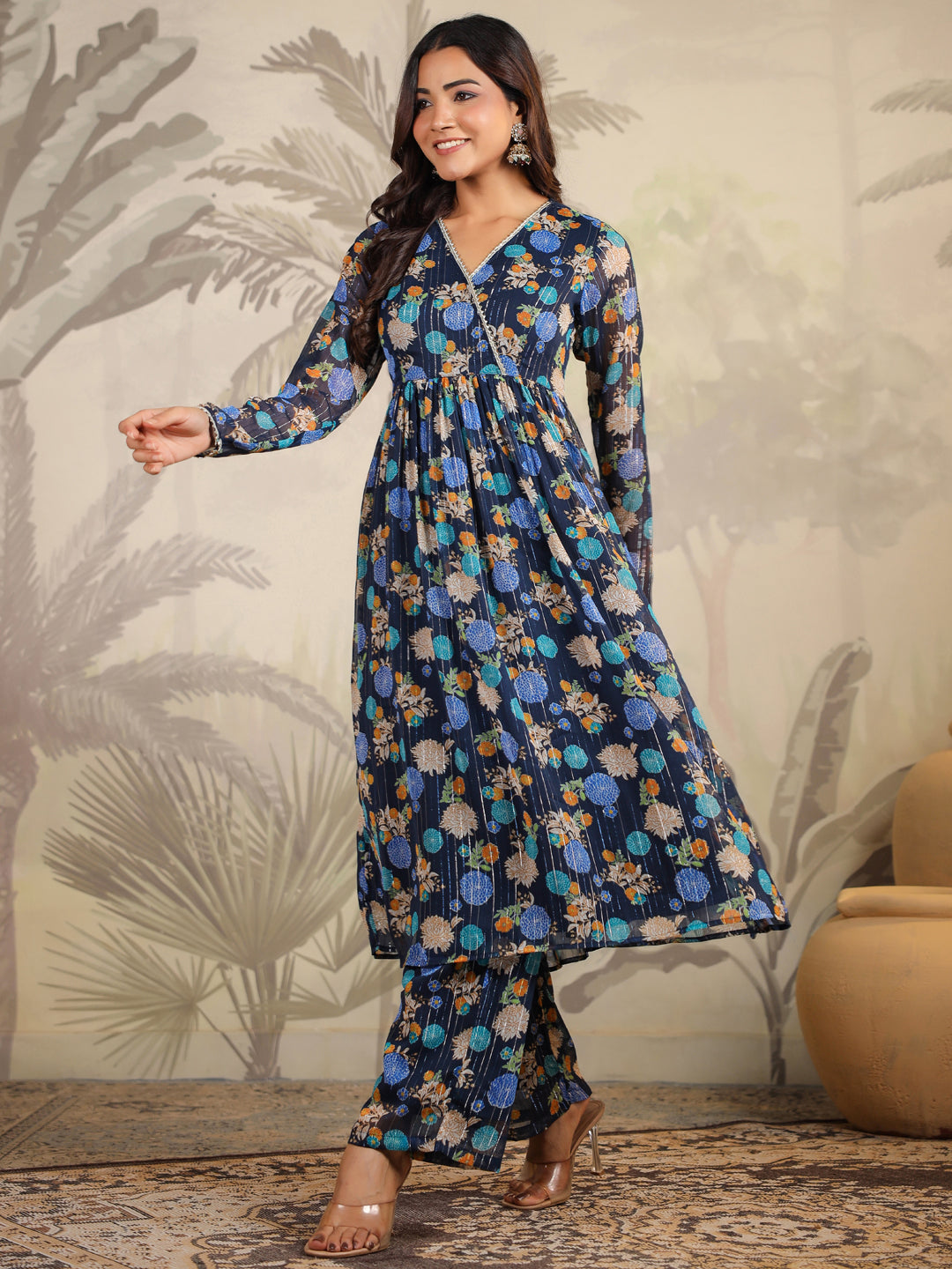 Dark Blue Georgette Floral Printed Flared Kurta Set  - By Janasya