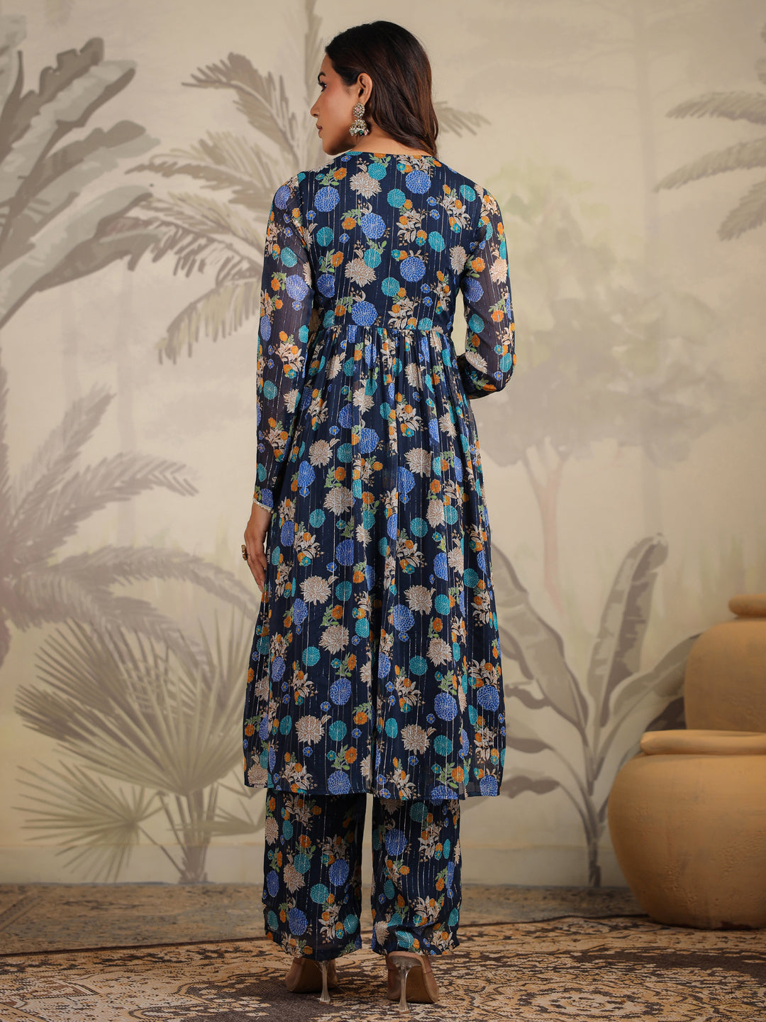 Dark Blue Georgette Floral Printed Flared Kurta Set  - By Janasya