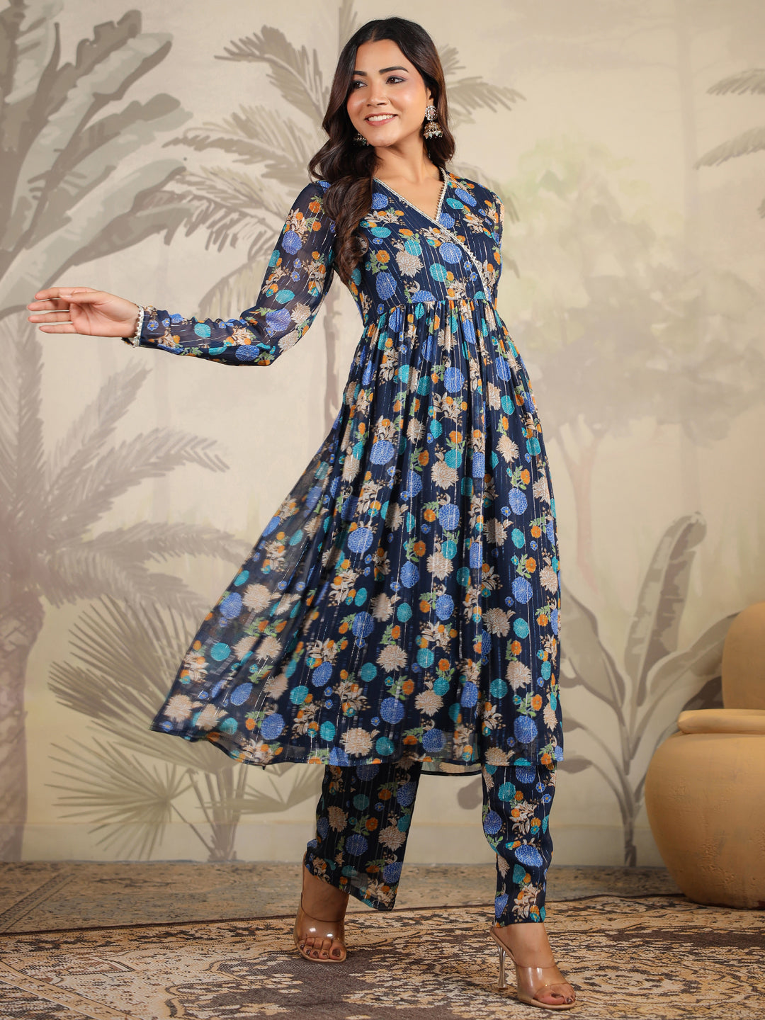 Dark Blue Georgette Floral Printed Flared Kurta Set  - By Janasya