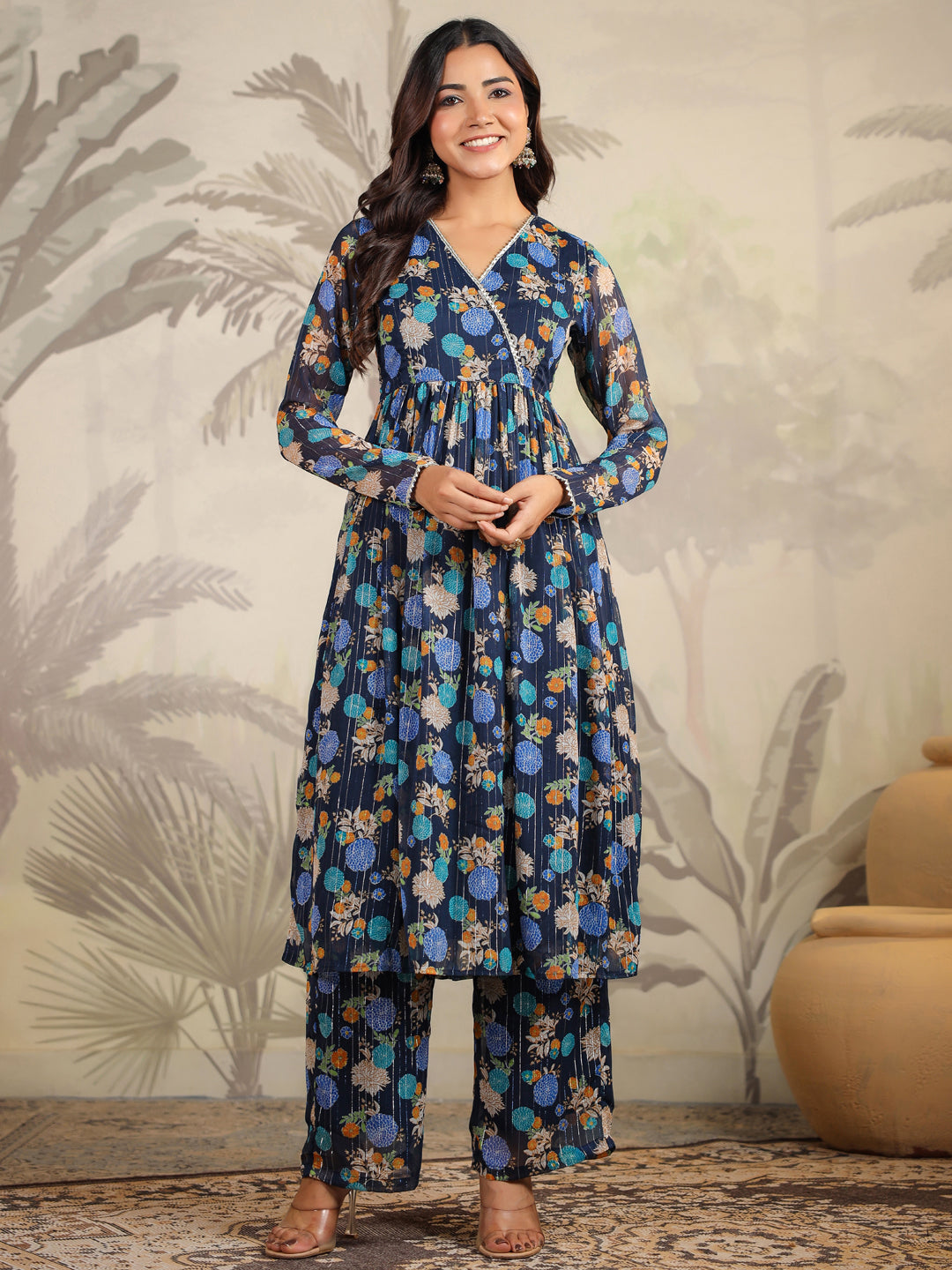 Dark Blue Georgette Floral Printed Flared Kurta Set  - By Janasya