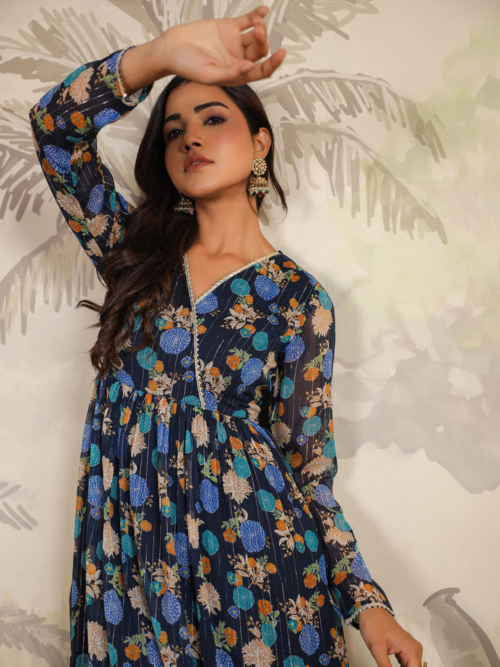 Dark Blue Georgette Floral Printed Flared Kurta Set  - By Janasya