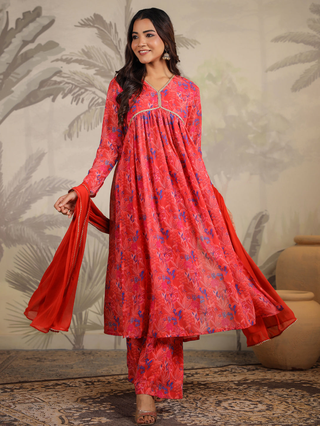 Red Georgette Floral Printed A-Line Kurta Set  - By Janasya