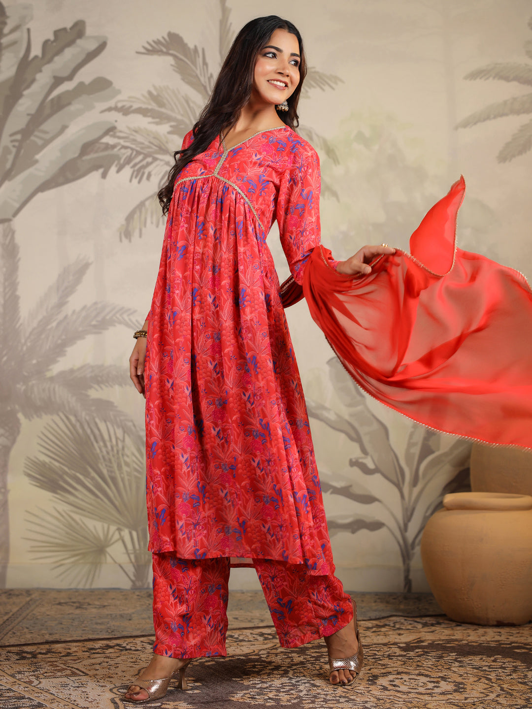 Red Georgette Floral Printed A-Line Kurta Set  - By Janasya