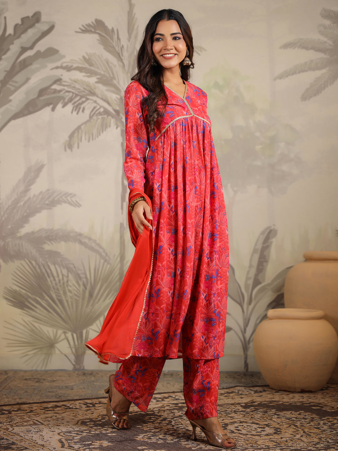 Red Georgette Floral Printed A-Line Kurta Set  - By Janasya