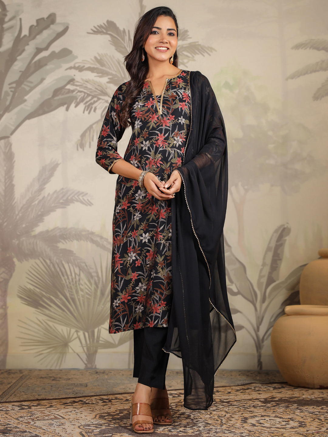 Black Chanderi Floral Printed Straight Kurta Set  - By Janasya