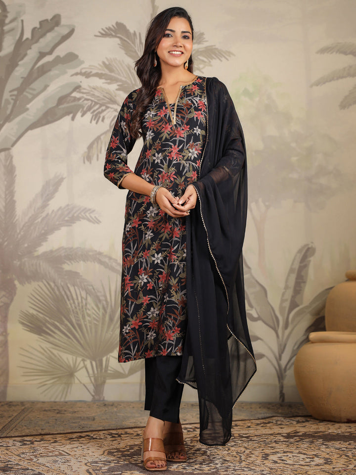 Black Chanderi Floral Printed Straight Kurta Set  - By Janasya