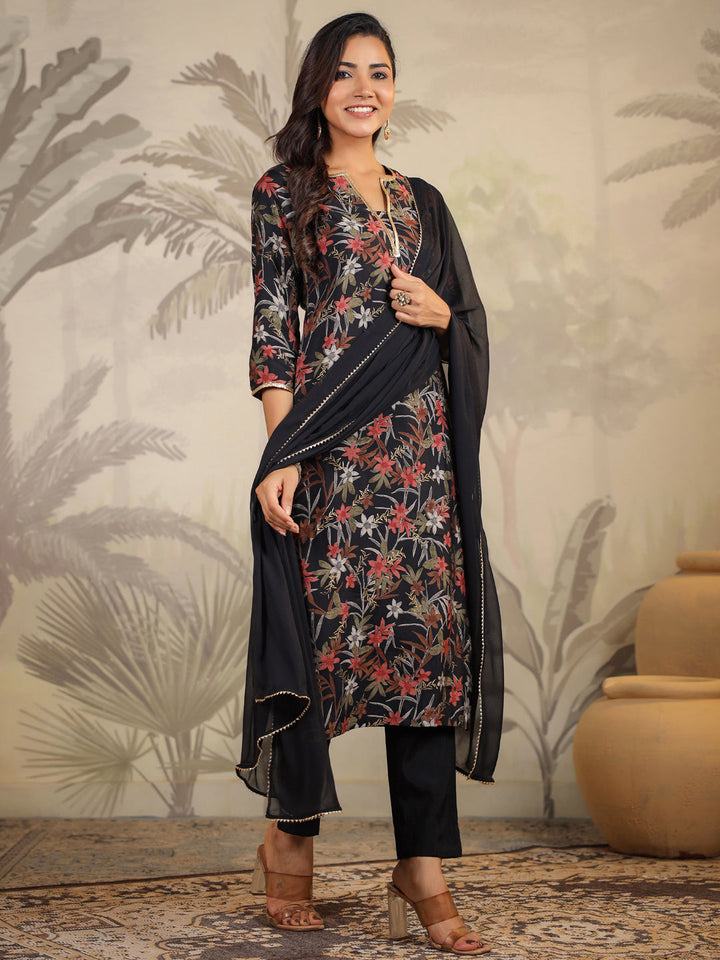 Black Chanderi Floral Printed Straight Kurta Set  - By Janasya