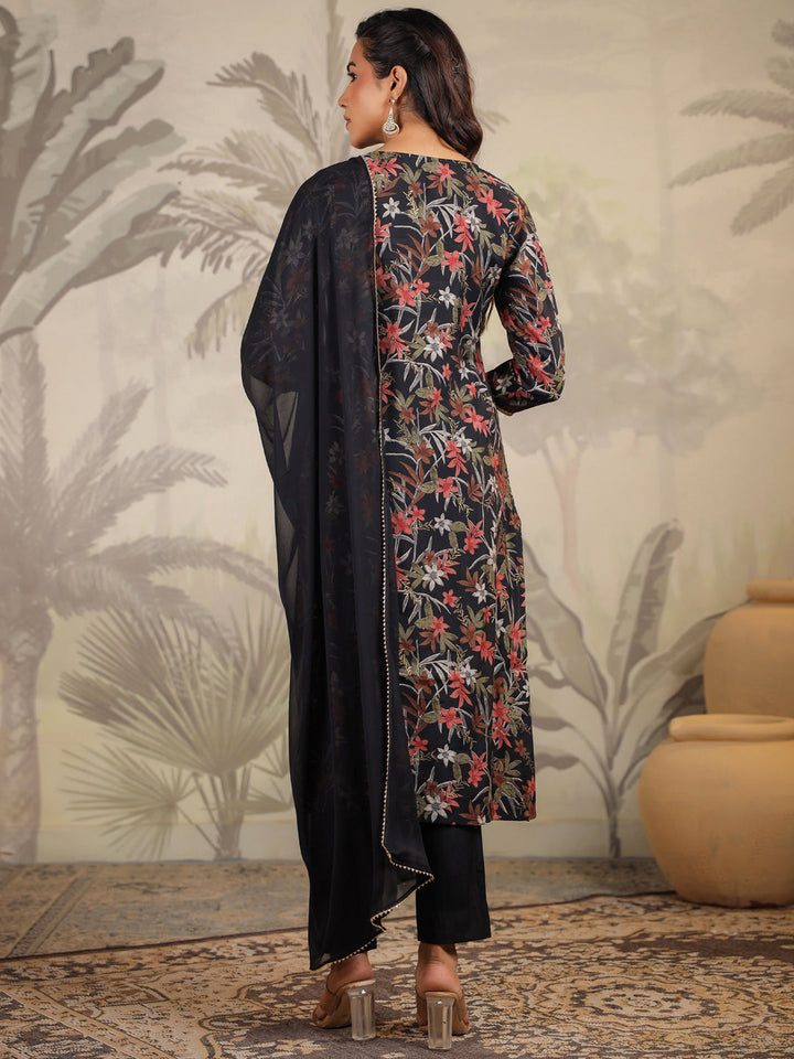 Black Chanderi Floral Printed Straight Kurta Set  - By Janasya