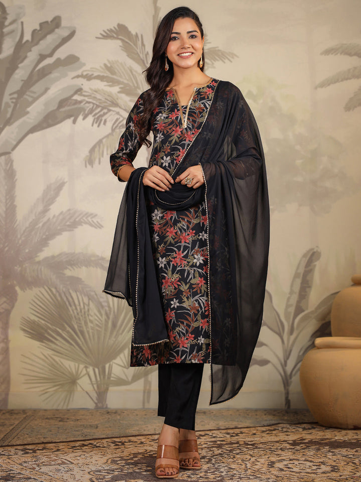 Black Chanderi Floral Printed Straight Kurta Set  - By Janasya