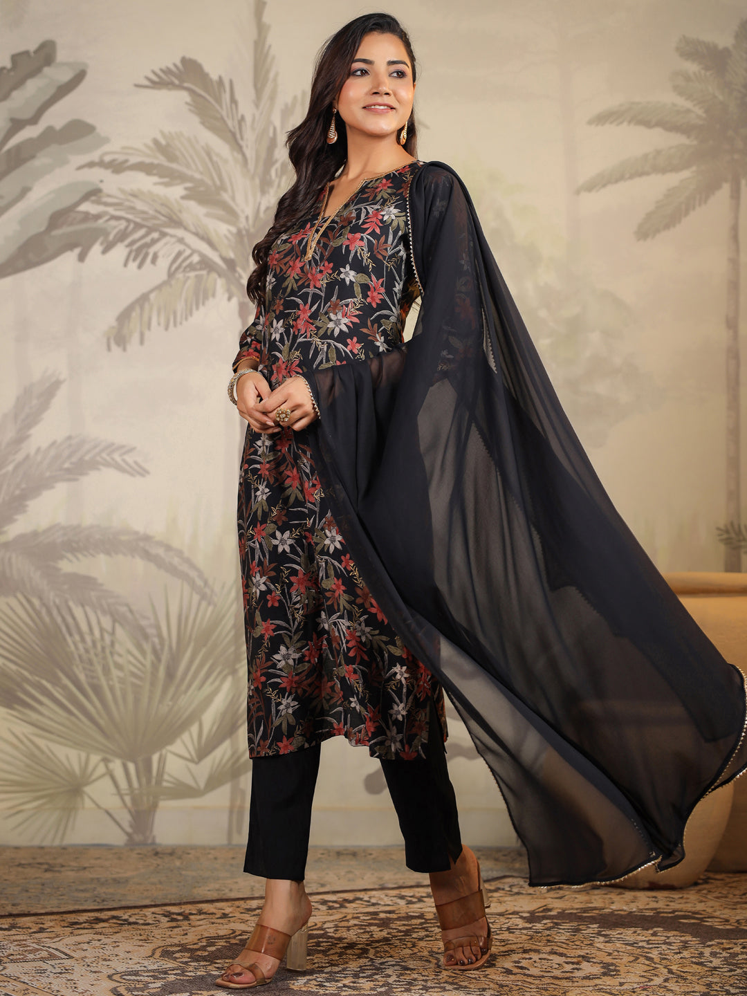 Black Chanderi Floral Printed Straight Kurta Set  - By Janasya