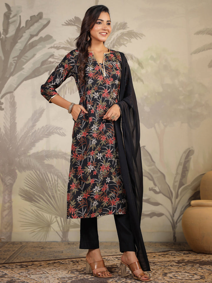 Black Chanderi Floral Printed Straight Kurta Set  - By Janasya