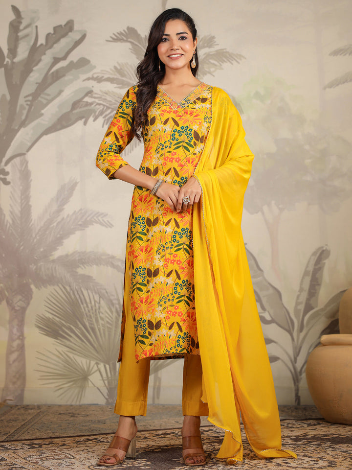 Mustard Chanderi Floral Printed Straight Kurta Set  - By Janasya