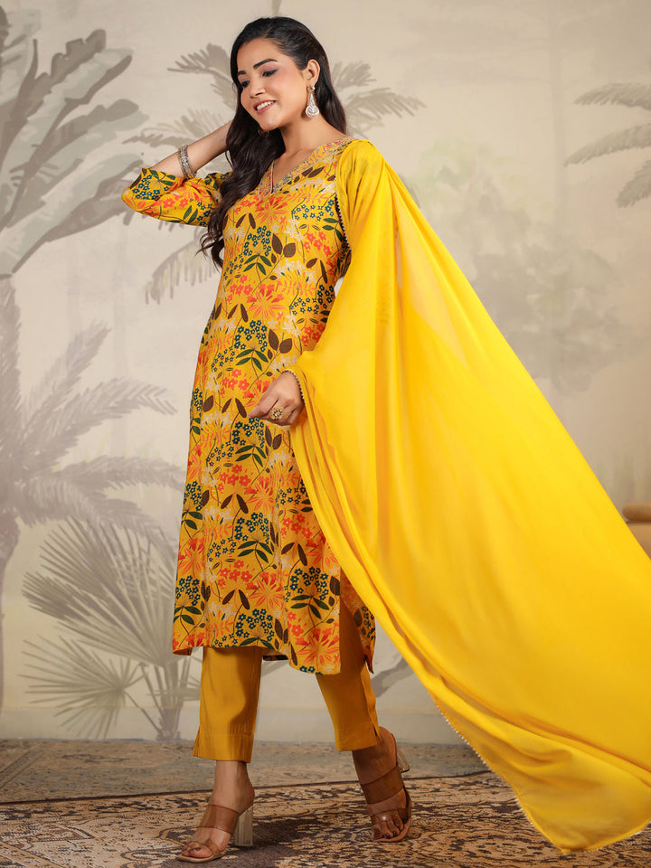 Mustard Chanderi Floral Printed Straight Kurta Set  - By Janasya