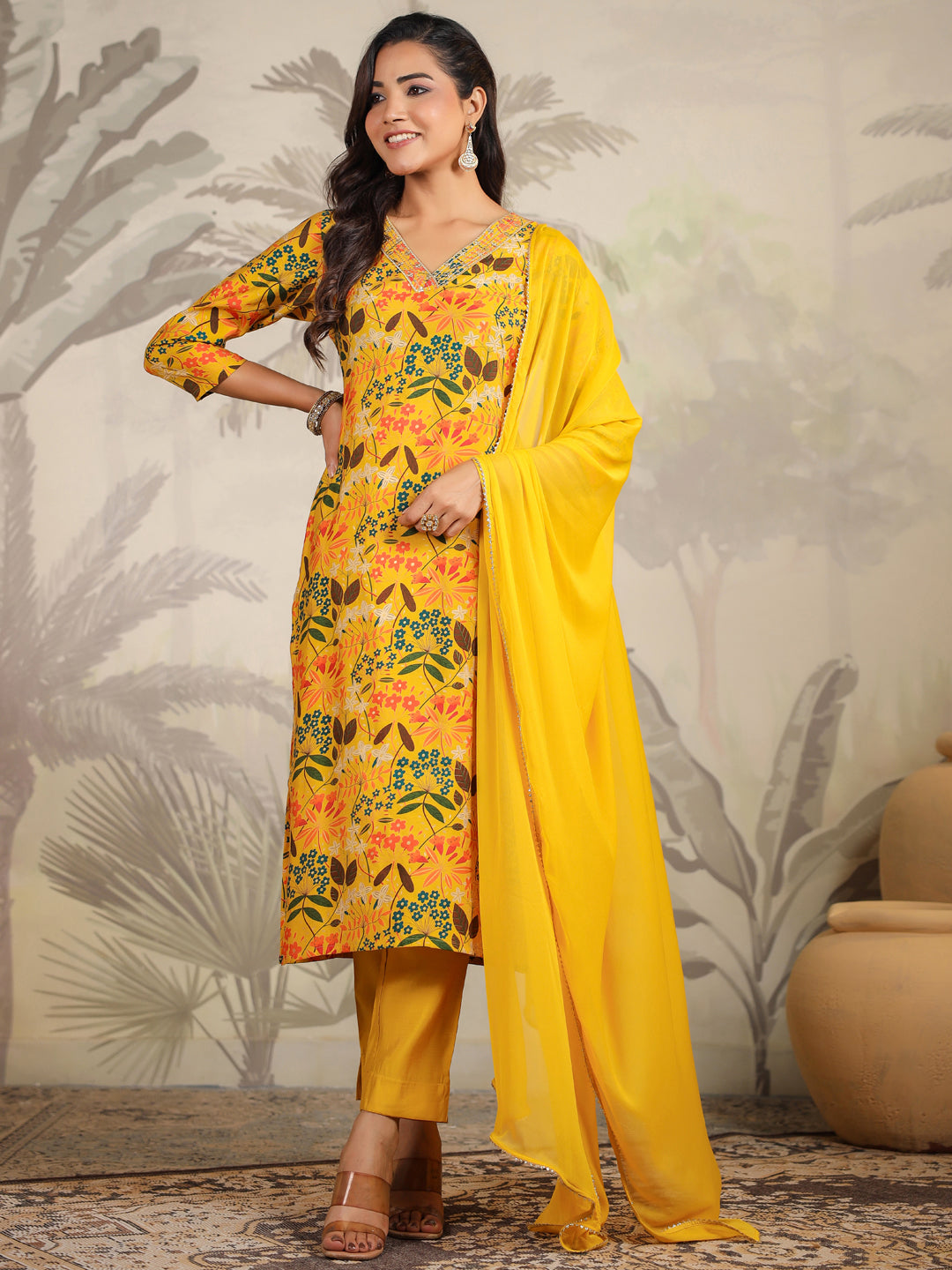 Mustard Chanderi Floral Printed Straight Kurta Set  - By Janasya