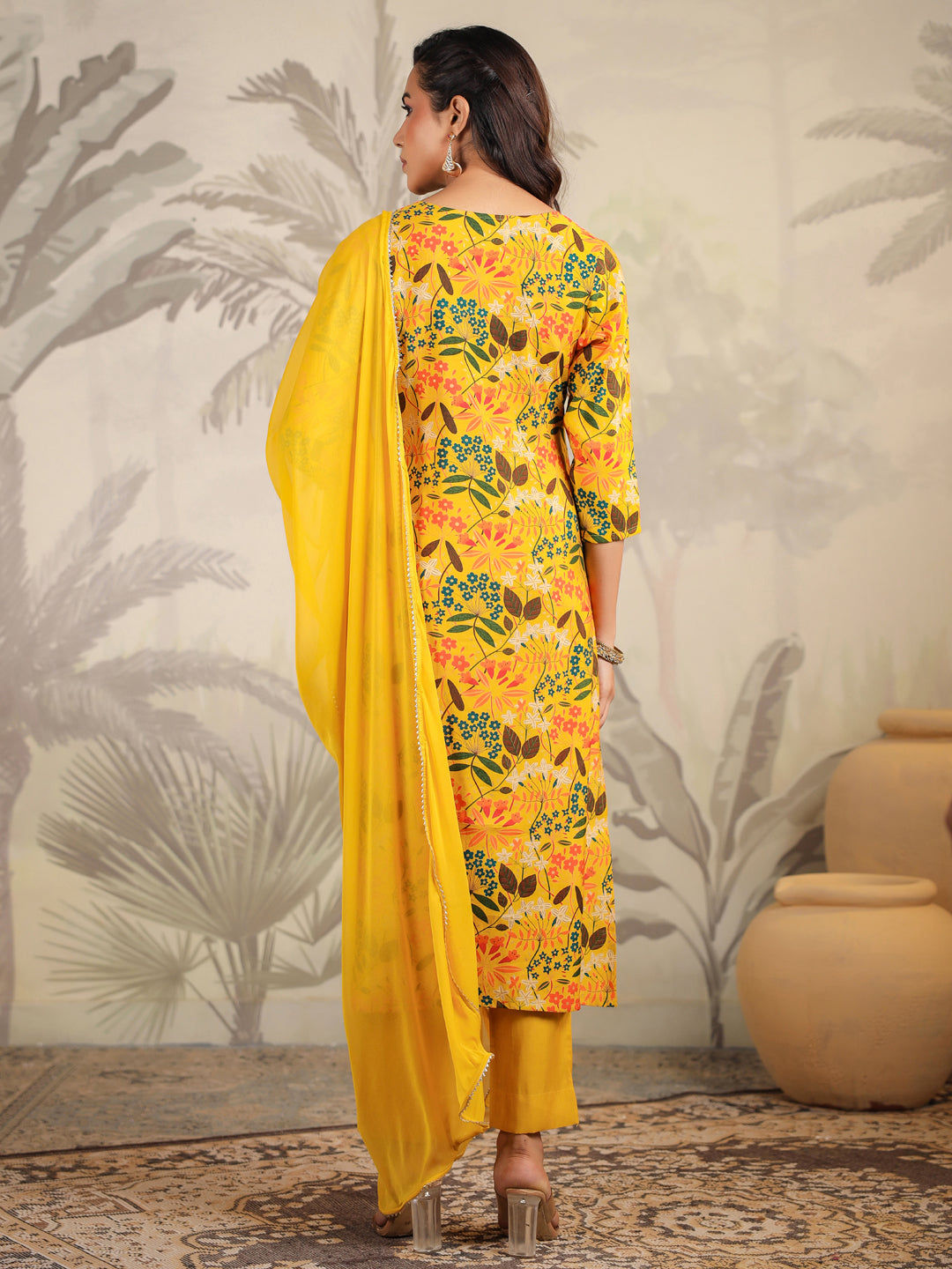 Mustard Chanderi Floral Printed Straight Kurta Set  - By Janasya