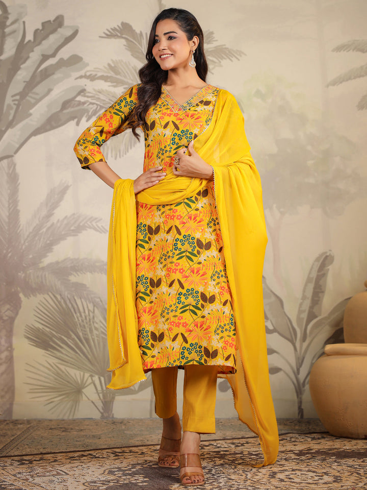 Mustard Chanderi Floral Printed Straight Kurta Set  - By Janasya